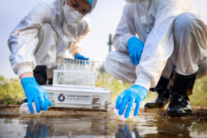 Two scientists in protective suits collect a water sample with a portable testing kit outdoors near a wet ground. State-labeled equipment reads 'Water Treatment Chemical'.